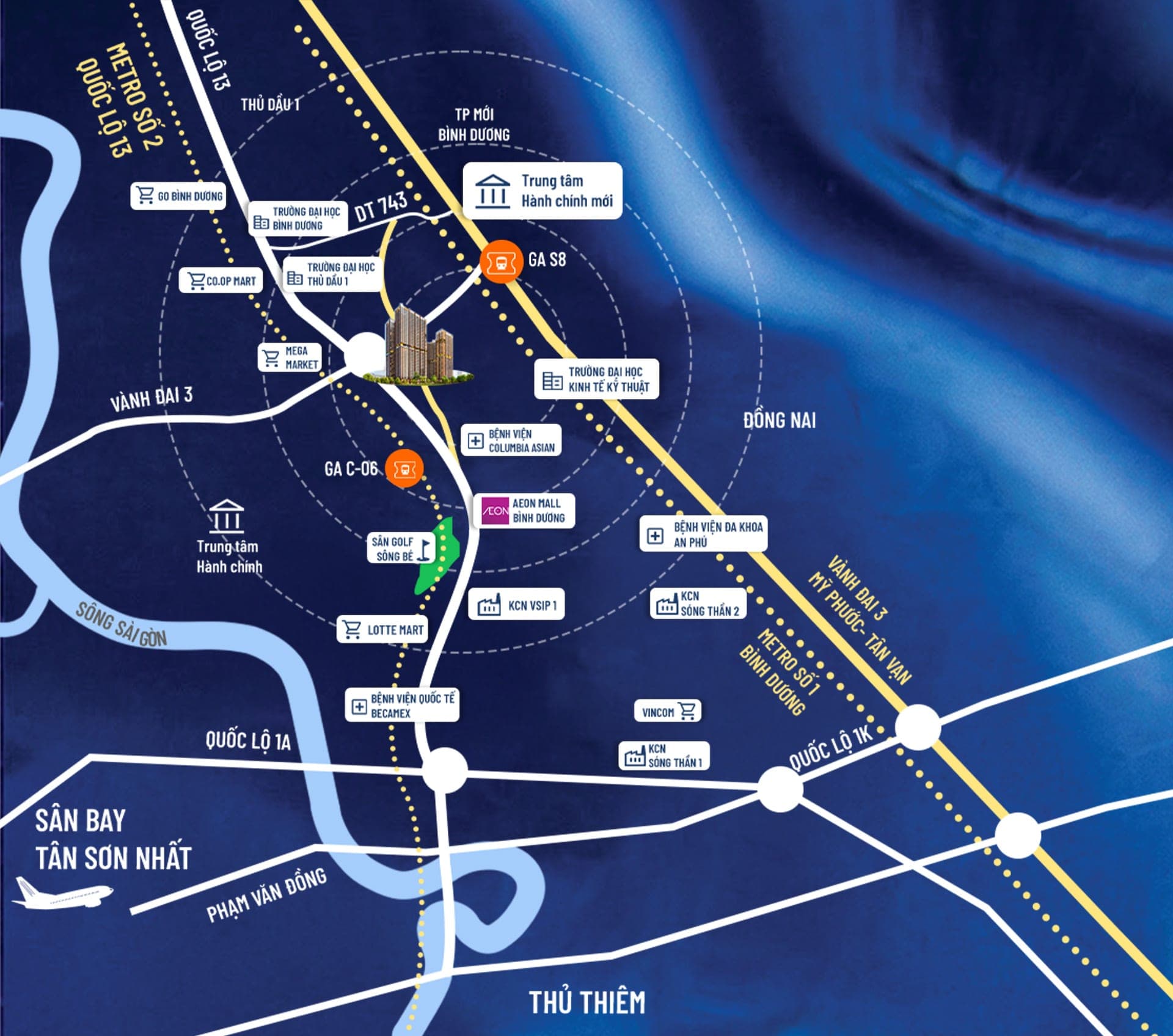 Bản đồ TOD — Metro số 2 (C6, 500 m), sông Sài Gòn & sân bay Tân Sơn Nhất