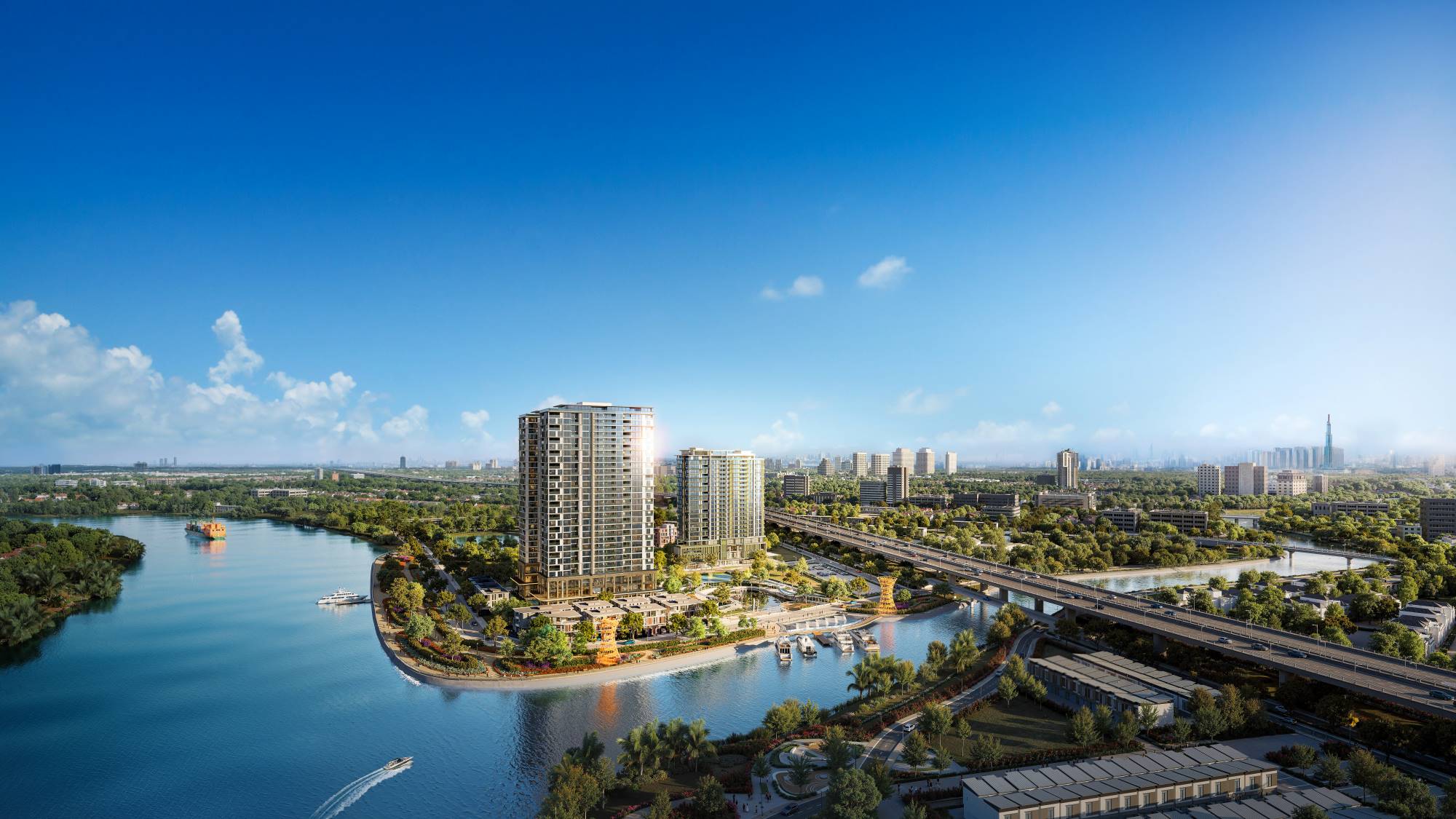 IKI Village aerial render showing both towers and the riverside park