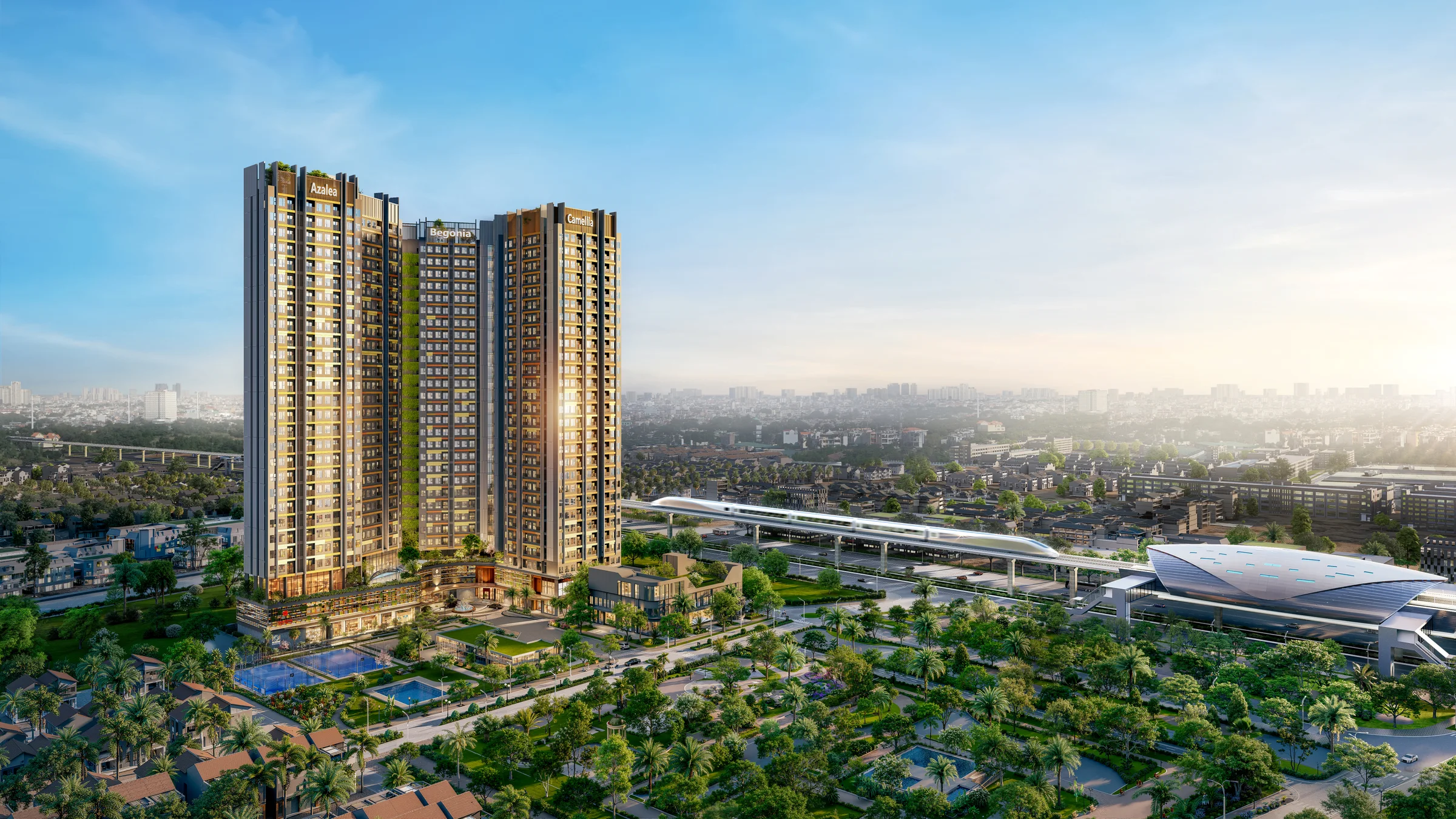 Setia Edenia · three towers above the Highway 13 metro at sunset