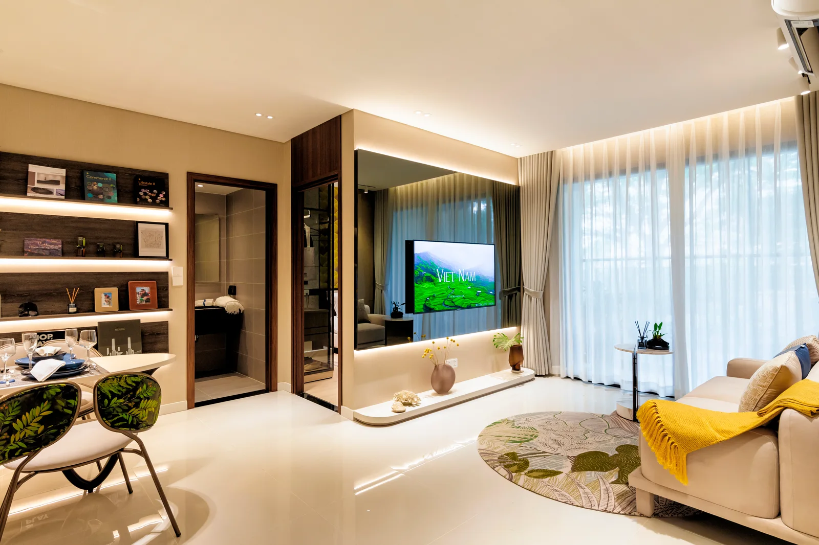 Hình VI · Không gian sống + ăn + góc làm việc mở